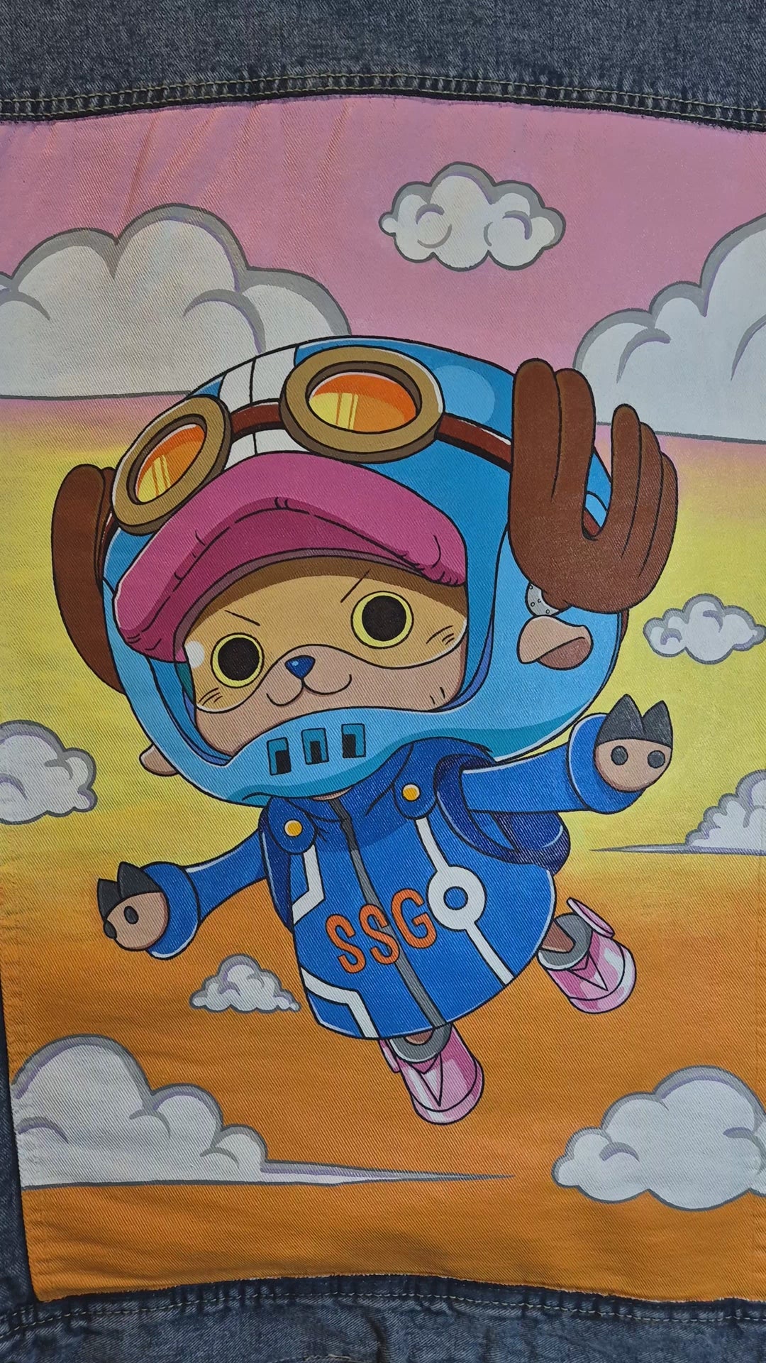 Giacca denim con pellicciotto dipinta a mano — Chopper Egghead