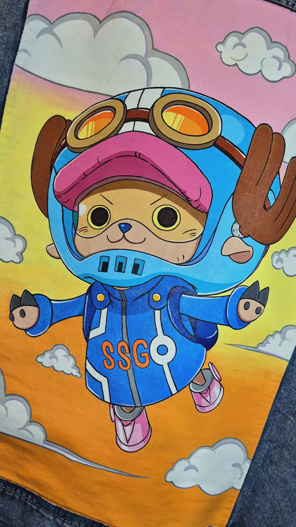Giacca denim con pellicciotto dipinta a mano — Chopper Egghead