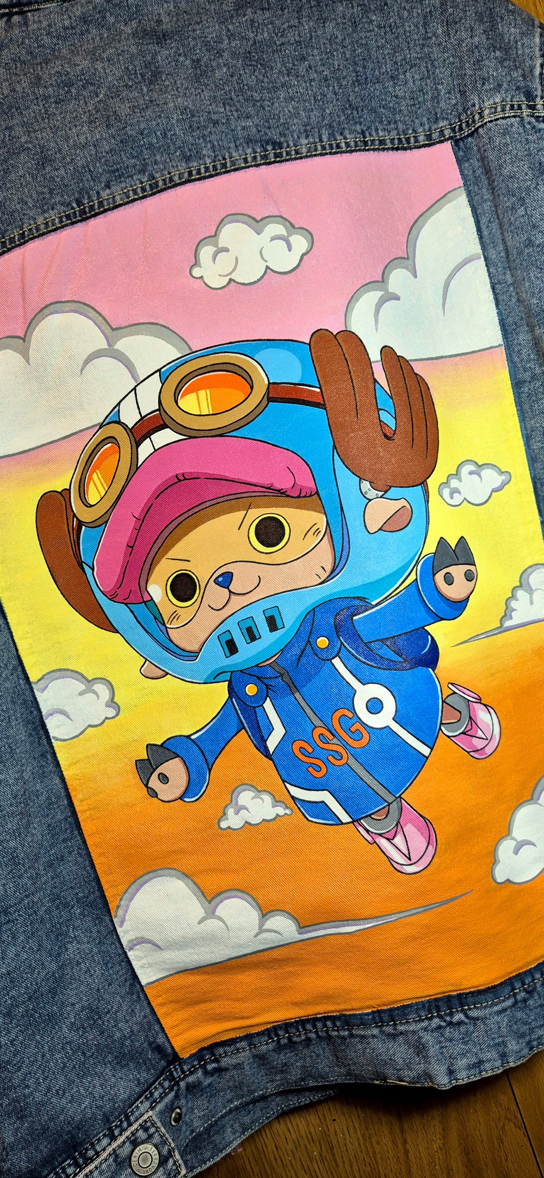 Giacca denim con pellicciotto dipinta a mano — Chopper Egghead