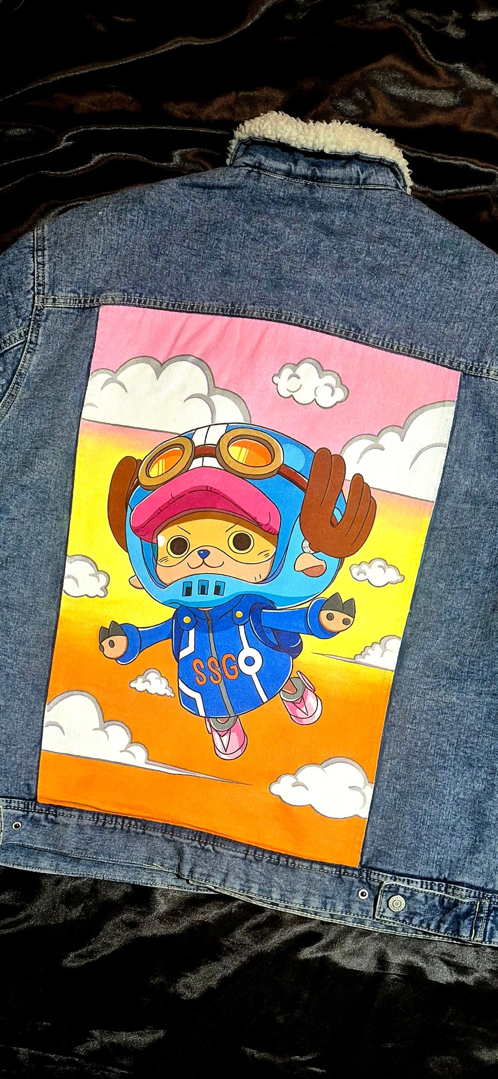 Giacca denim con pellicciotto dipinta a mano — Chopper Egghead