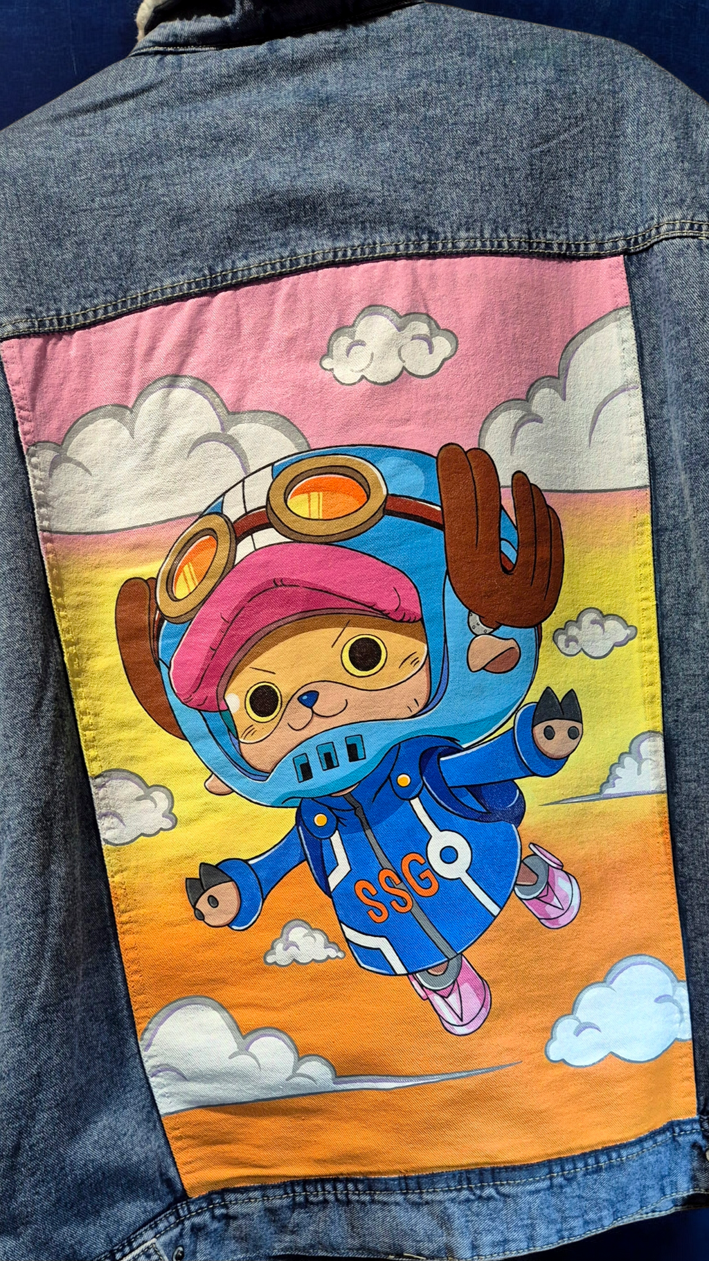 Giacca denim con pellicciotto dipinta a mano — Chopper Egghead