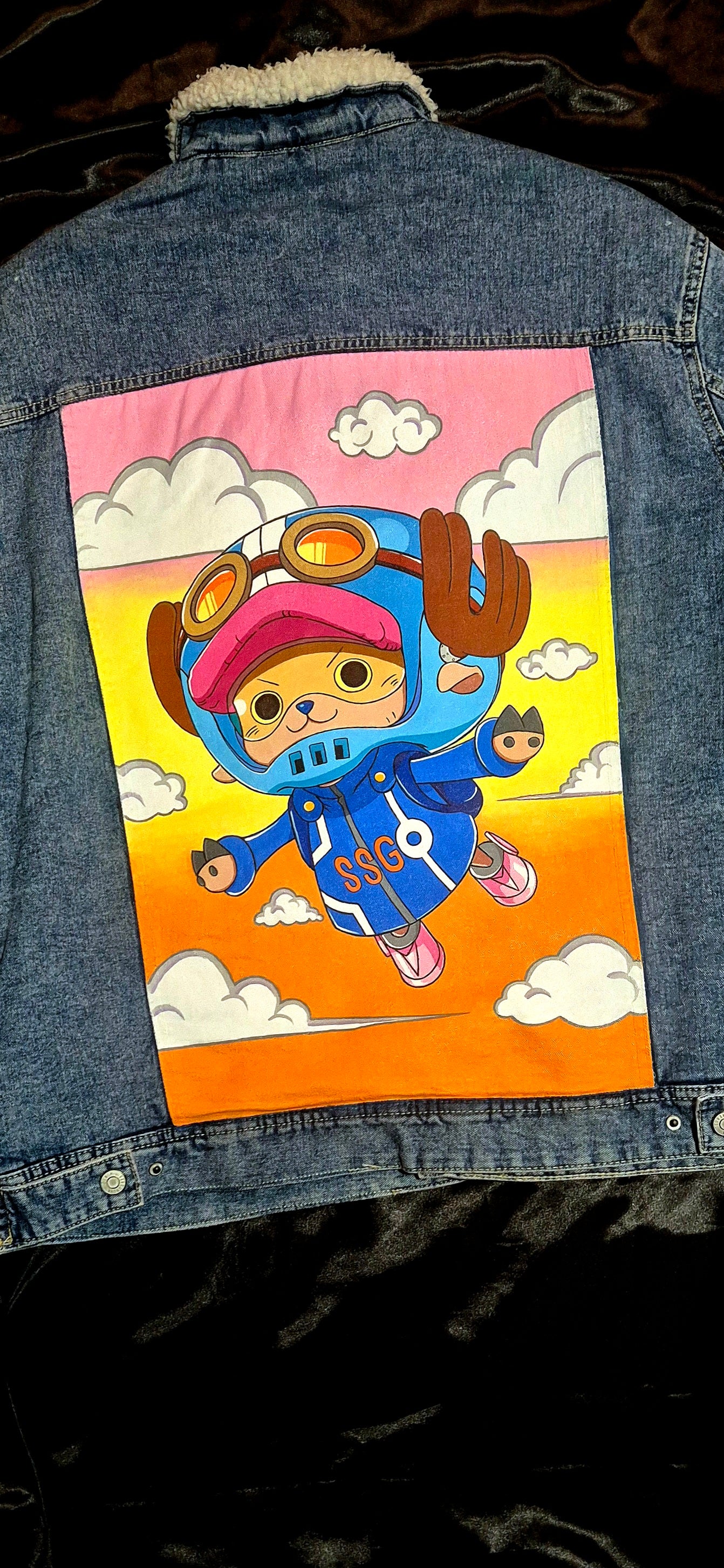 Giacca denim con pellicciotto dipinta a mano — Chopper Egghead