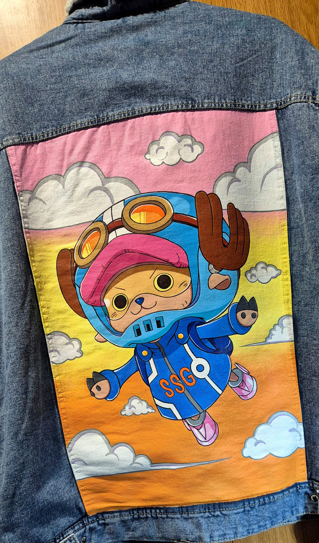 Giacca denim con pellicciotto dipinta a mano — Chopper Egghead